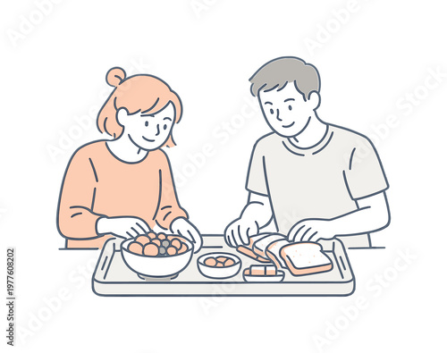 Parents preparing festive breakfast while placing bread and fruit neatly on a tray, relaxed posture and gentle focus, minimalist