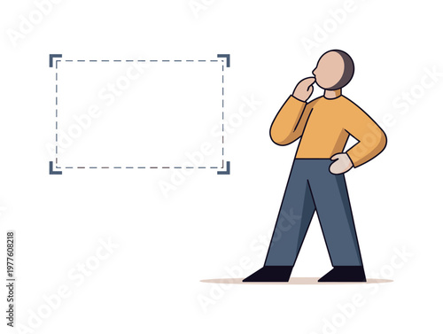 Attention control is evaluated as the figure introduces a simple framing guide to confirm boundaries. Stylized editorial
