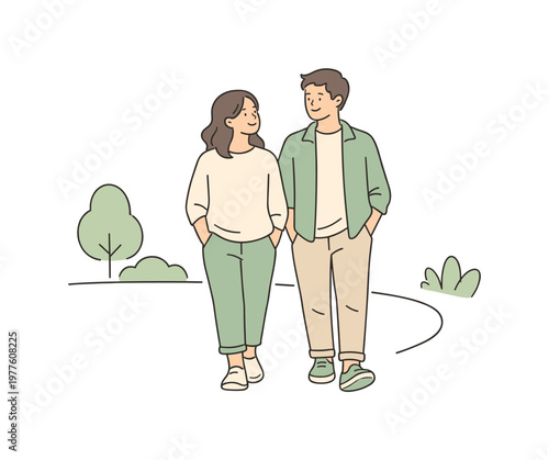 Couple walking park path side by side with relaxed smiles and unhurried steps, minimalist flat vector illustration with thin