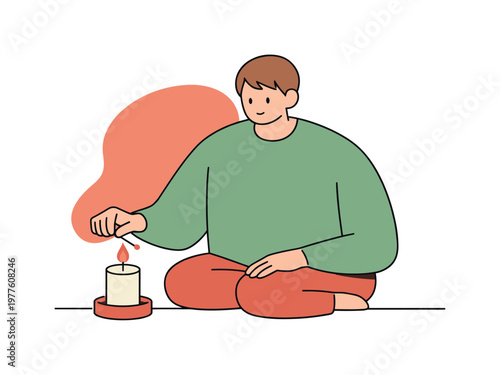 Calm person pauses after lighting a candle watching the flame steady as the surface stays uncluttered | scene of person lighting