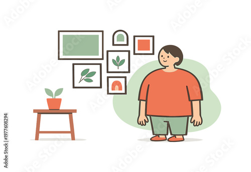 Bright interior scene shows a person finishing arranging photo frames, hands lowering as the display feels complete | person