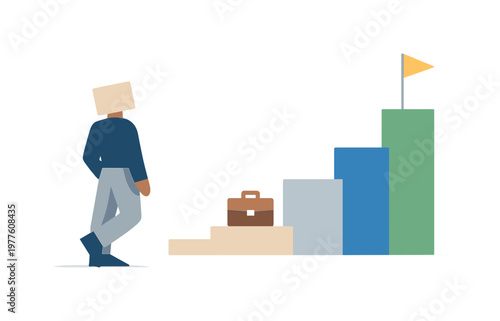 Individual stepping back as the career structure remains coherent, indicating readiness to move forward. Stylized editorial