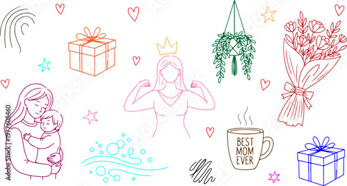 Mothers Day Hand drawn Mother's Day line art collection, colorful doodle icons for mom with flowers and gifts, feminine lifestyle vector set for greeting cards