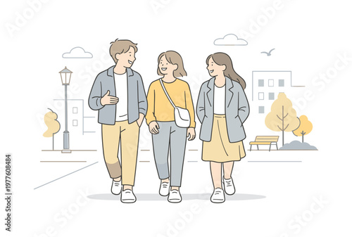 Friends walking city street on a quiet weekend moment, enjoying shared time and casual talk together, minimalist flat vector