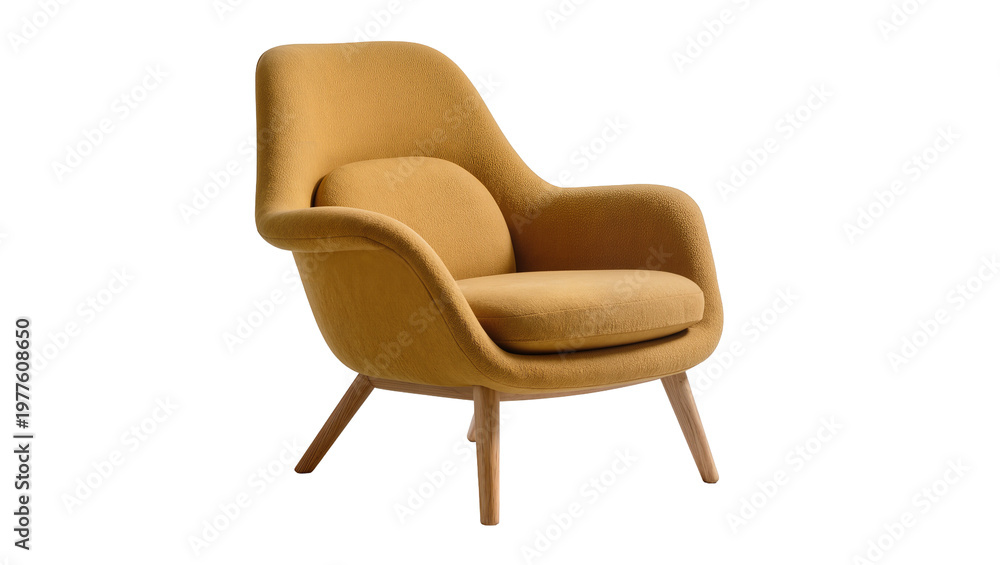 Fototapeta premium Mustard yellow upholstered armchair with wooden legs, isolated on transparent background