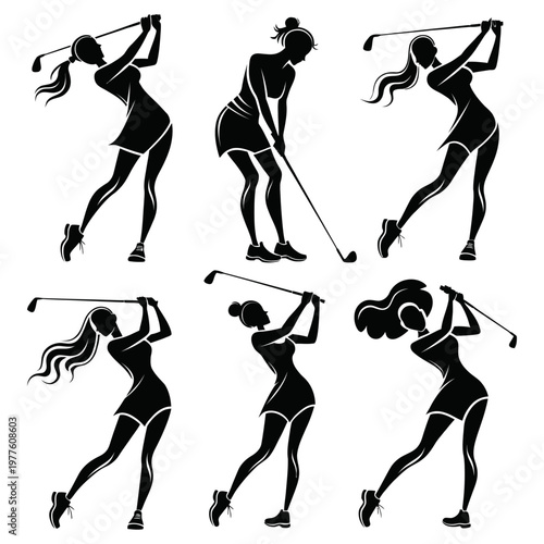 Editable Female Golf Player Silhouette Vector Set, Woman Golfer Swing Poses, Sports Illustration Collection Black and White