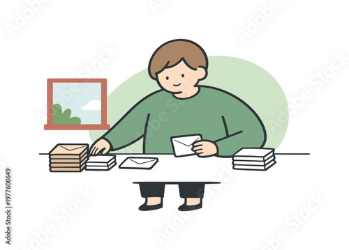 Soft person organizes letters on a desk, sorting envelopes into neat stacks while checking order beside a window calmly indoors!!
