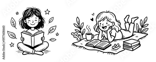 Happy Girl Reading Books in Nature - Black and White Vector Illustration