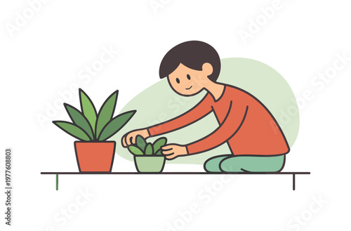 Gentle routine shows a person arranging desk plants as greenery settles and harmony returns to the desk | scene of person