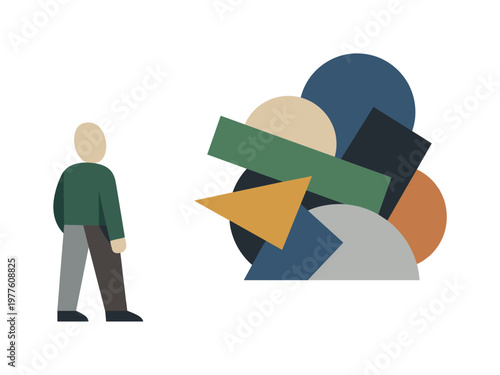 Person facing a compact overlap of shapes that challenges the emerging logic, introducing tension. Stylized editorial character