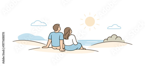 Couple relaxing sunny park during a peaceful morning moment, sitting comfortably and facing the sun quietly, minimalist flat