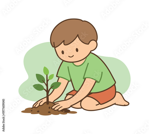 Soft child kneels planting a tree sapling as hands smooth soil and movements stay gentle | scene of child planting a tree sapling