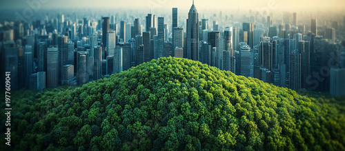 Urban landscape with a green hill.