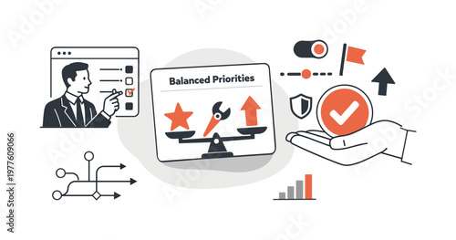 Modern minimal flat vector conceptual collage, crisp hard edges, consistent THIN outline stroke, rounded corners where needed,