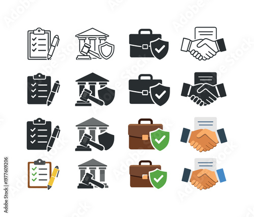 Legal Service Icons. Icon object one representing the first legal service element, icon object two representing the second, icon