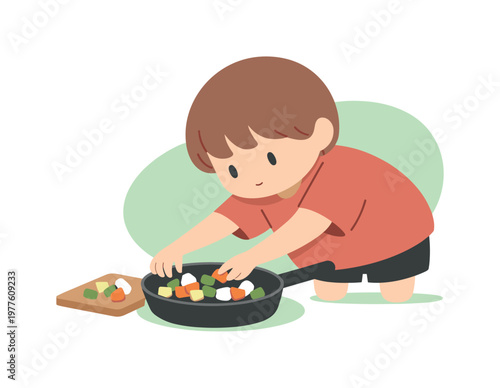 Soft child leans forward helping cook vegetables, arranging chopped pieces into a pan with careful focus | scene of child helping