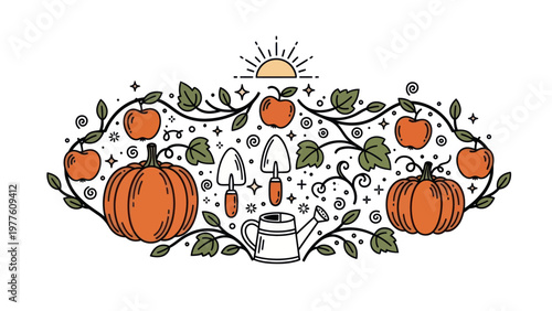 Vibrant illustration of pumpkins and leaves.