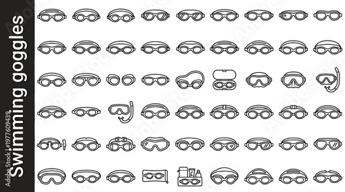 Swimming goggles line style icons, 40 unique objects including adult swim goggles, child swim goggles, toddler swim goggles,