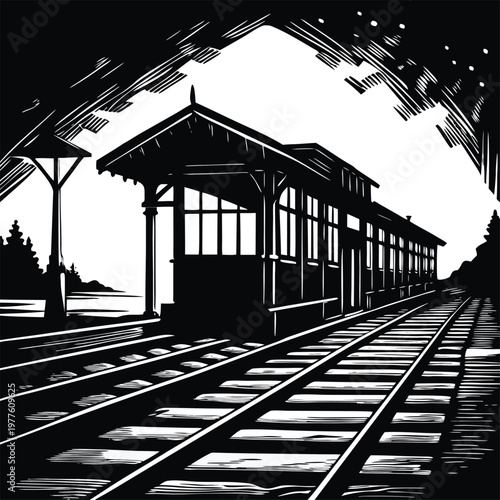 Train station, railway platform, black and white illustration, vector graphic