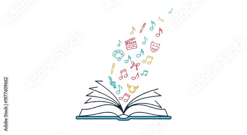 Open book, colorful symbols flying out, education icons, learning concept, vector illustration