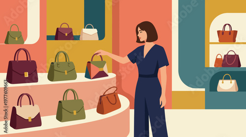 A fashionable woman inspects various stylish handbags displayed in a vibrant boutique, highlighting the latest trends in accessory design and retail experience.