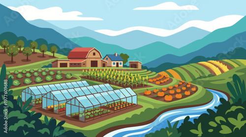 A picturesque farm landscape featuring lush produce fields, greenhouses, and a charming barn, illustrating the beauty of nature and sustainable agriculture.