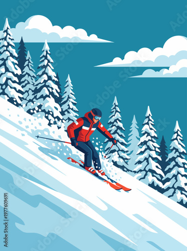 This illustration captures the exhilarating action of skiing down a snowy slope, emphasizing the thrill of winter sports amidst a backdrop of picturesque pine trees.