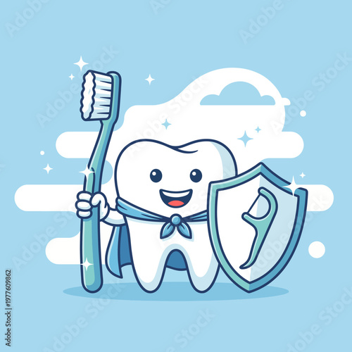An adorable cartoon character shaped like a tooth, holding a toothbrush and shield, conveys a fun message about the importance of dental hygiene for children.