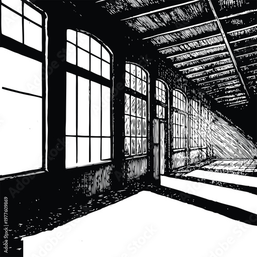 Abandoned industrial interior, empty room with large windows, black and white vector illustration, grunge architecture