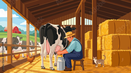 A seasoned farmer milks a cow in a cozy barn, surrounded by hay and farm animals, capturing the essence of rural life and the hard work behind dairy farming.