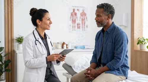 A smiling female doctor, wearing a white lab coat and stethoscope, consults with an older Black male patient. He sits on an examination bed, listening as she holds a tablet, in a bright clinic