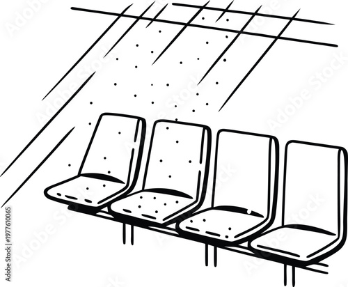 Waiting room, empty chairs, airport seating, vector illustration, black and white