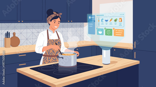 A chef joyfully prepares a meal using a smart kitchen assistant, showcasing the integration of technology in modern cooking for enhanced culinary experiences.