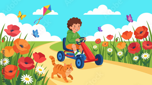 A joyful child rides a go-kart through a vibrant nature landscape, surrounded by flowers and butterflies, capturing the essence of childhood adventure and freedom.