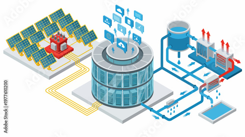 The image depicts a futuristic energy system integrating solar panels, water purification, and smart technology for sustainable living and efficient resource management.