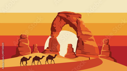 The artwork captures a serene desert landscape featuring camels walking towards a stunning arch formation amid a warm, sunset-colored backdrop, symbolizing adventure and tranquility.