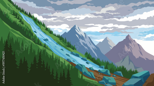 A serene mountain landscape featuring a winding river, majestic peaks in the background, and lush greenery, creating a tranquil atmosphere for nature lovers.