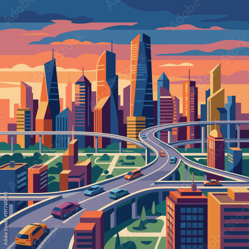This illustration showcases a vibrant cityscape at sunset, featuring modern skyscrapers, busy highways, and a blend of urban life with stunning architectural designs.