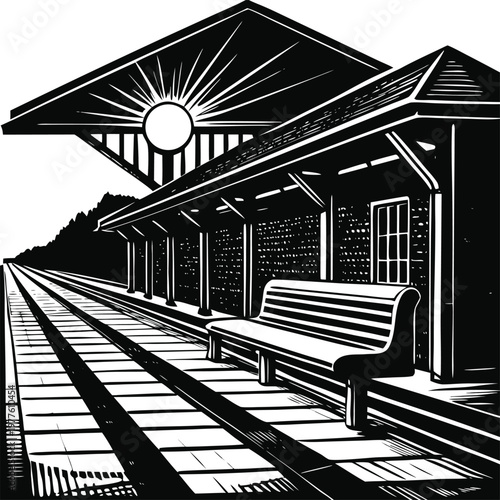 vintage train station, black and white illustration, railway platform, monochrome artwork