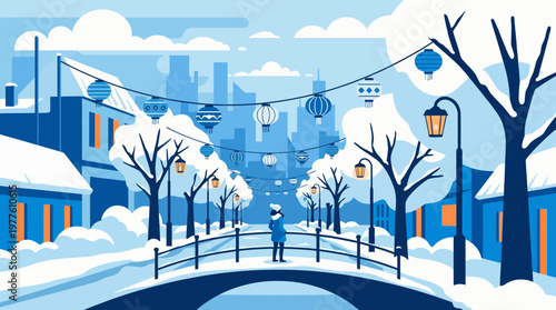 A serene winter scene showcasing a snowy landscape with trees and colorful lanterns, inviting warmth and coziness amidst the cold essence of winter.