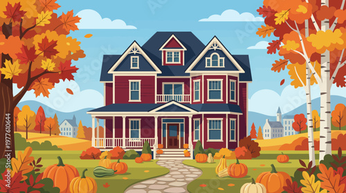 A picturesque illustration of a charming house set against a backdrop of vibrant autumn foliage, capturing the essence of fall with pumpkins adorning the yard.
