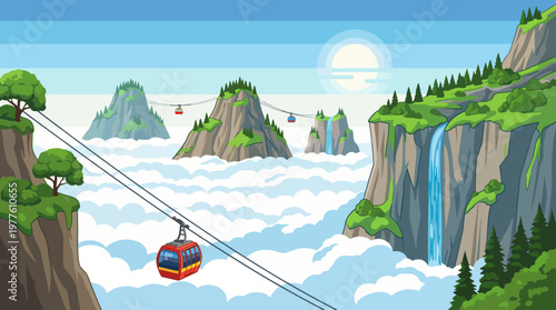 A breathtaking illustration of a cable car traveling through stunning mountain landscapes and waterfalls, highlighting the beauty and adventure of nature.