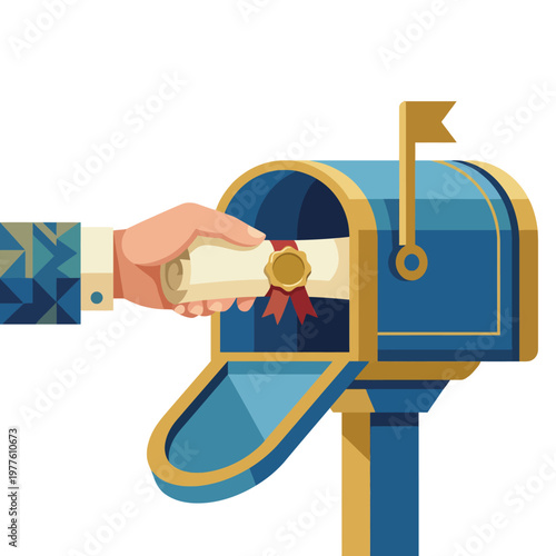 The image showcases a hand placing a rolled document with a seal into a blue mailbox, symbolizing communication, delivery, and the importance of document sending.
