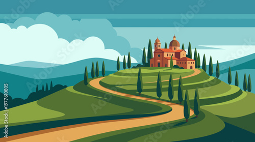 A picturesque hilltop villa surrounded by lush greenery and gentle hills, embodying tranquility and the beauty of nature in a serene rural environment.