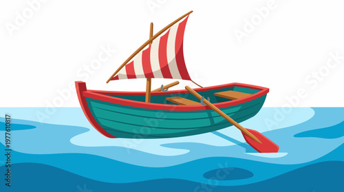 This bright illustration captures a colorful rowboat floating gently on calm blue waters, symbolizing leisure and adventure, inviting viewers to envision tranquil moments of exploration.