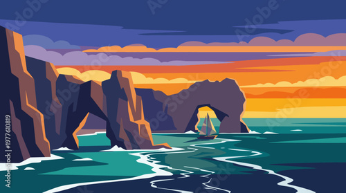 This captivating artwork depicts a coastal landscape, featuring rugged cliffs and a serene sea illuminated by a vibrant sunset, evocative of tranquility and natural beauty.