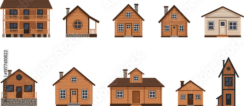 Collection of wooden residential houses with different architectural styles in flat cartoon design isolated on light background illustration