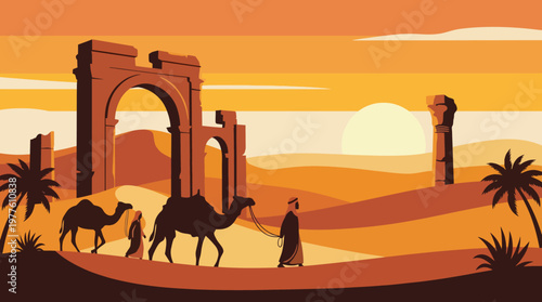 A serene desert scene featuring camels traversing the landscape against a beautiful sunset backdrop, capturing the essence of adventure and the beauty of nature.