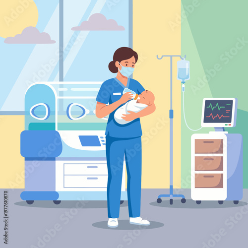 A caring nurse lovingly feeds a newborn baby in a bright hospital nursery, showcasing the tenderness and dedication involved in neonatal care and maternal health.