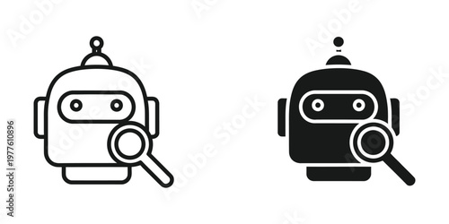 Two robotic figures using magnifying glasses to examine or inspect something closely